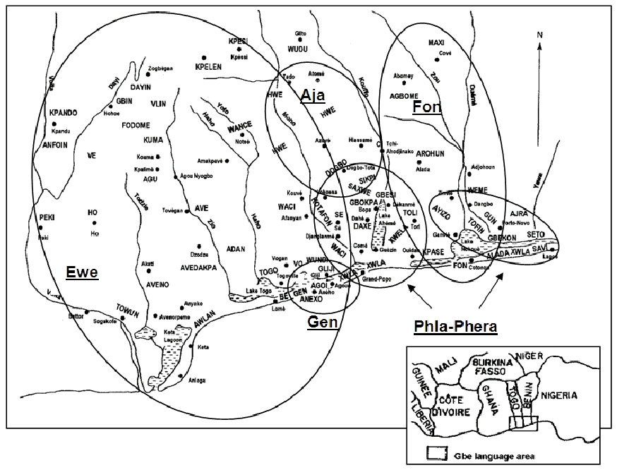 Map of the Gbe language area (based on Capo 1986: map 1a, 1991)